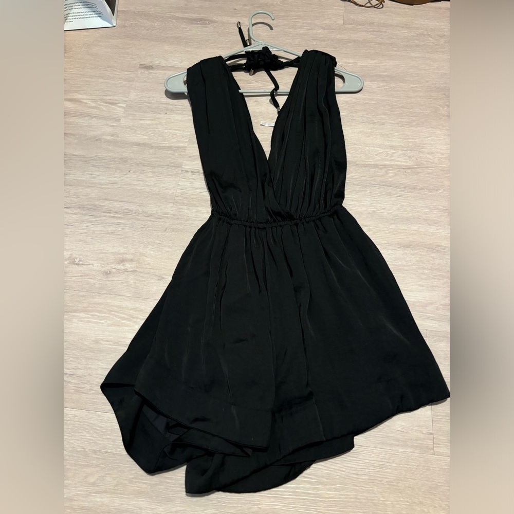 Free People Black Bea Sleeveless Surplice Plunge V Neck Satin Playsuit Romper